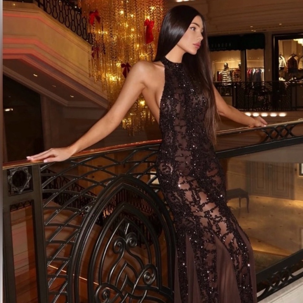 Zara Sequin Halter Brown Evening Gown Dress Large